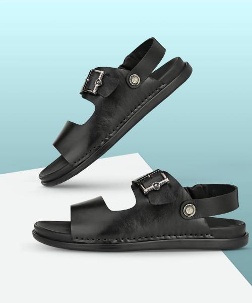 Hitz Black Leather Open Toe Slippers with Buckle Men Sandals