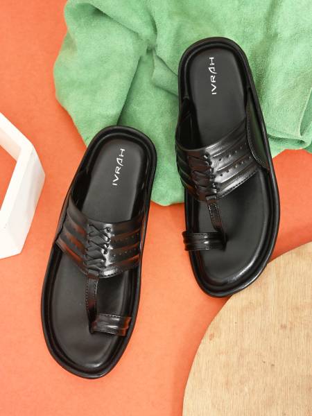 IVRAH Premium Leather Slippers |High Padding Comfort | Ethnic |Casual Slippers Men Black Casual
