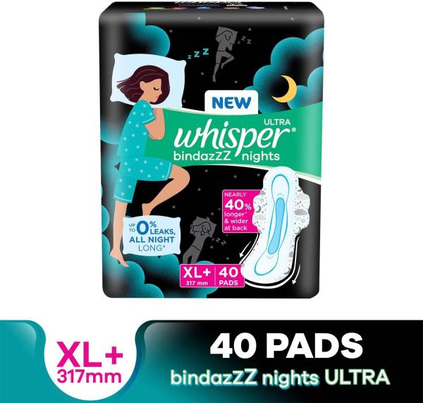 Whisper Bindazzz Nights XL+, Upto 0% Leaks All Night Long Sanitary Pad