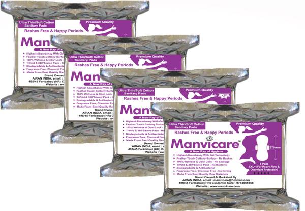 manvicare Biodegradable Anion Cotton Sanitary Pads of Size XXL (370mm) - 32 Napkins Sanitary Pad
