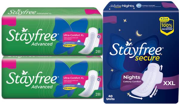 STAYFREE Advanced Ultra-Comfort XL 28 (pack of 2)+ Secure Nights XXL 40| Day & Night Pack Sanitary Pad