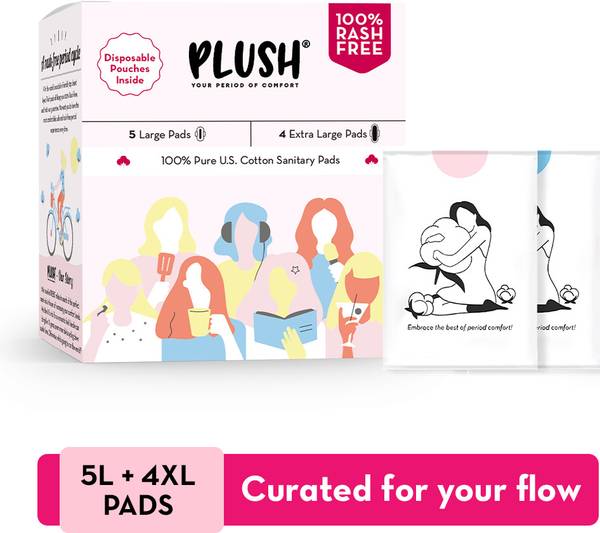 PLUSH Pure Cotton Sanitary Pads with Individual Disposable Pouch|100% Rash Free|5L+4XL Sanitary Pad