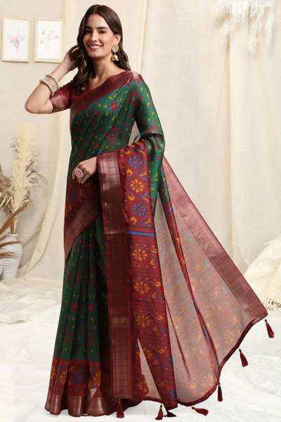 MIRCHI FASHION Printed, Temple Border Ikkat Cotton Blend Saree