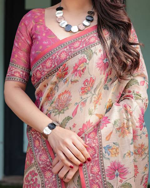 ALMAARI FASHION Floral Print Handloom Cotton Linen Saree