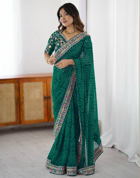 Satrani Printed, Embellished, Embroidered Bandhani Lace, Georgette Saree
