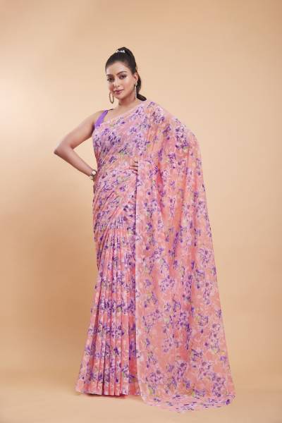 GARDEN VARELI Floral Print Bollywood Brasso Saree