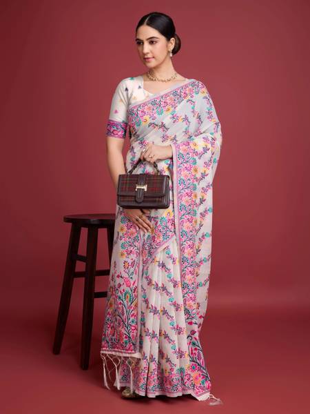 DURGA TEXTILE Woven, Printed, Self Design, Embellished, Floral Print, Blocked Printed Jamdani Cotton Blend, Jacquard Saree