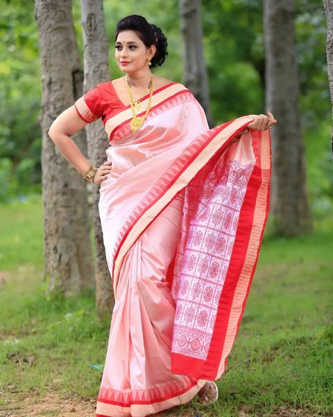 Sijileen Temple Border, Solid/Plain Sambalpuri Silk Blend Saree