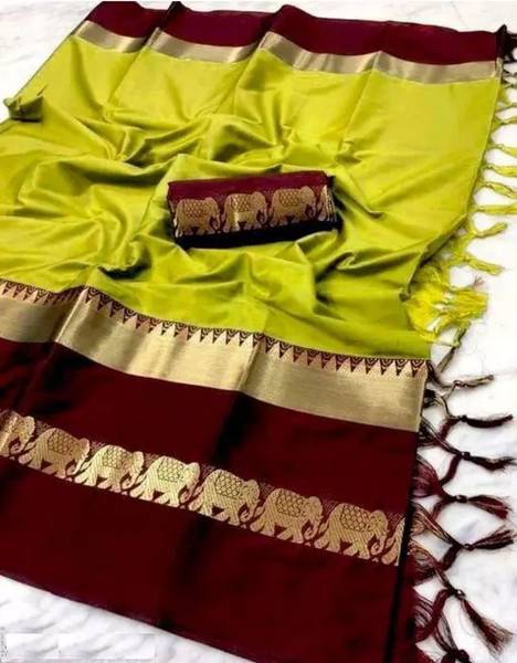 KanjiQueen Woven Kanjivaram Cotton Silk, Silk Blend Saree