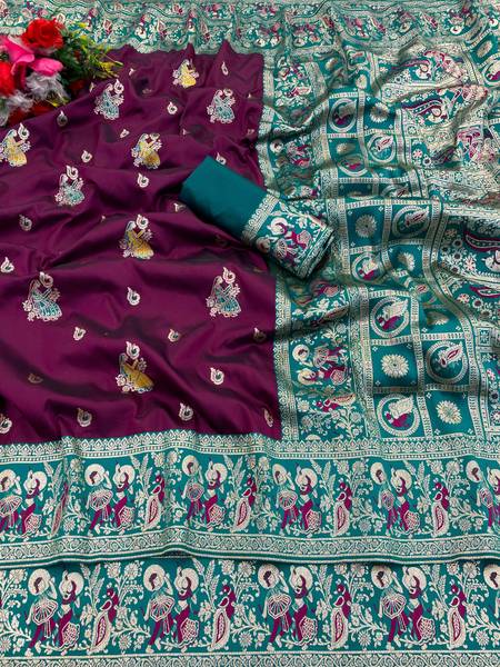 KanjiQueen Woven, Self Design Baluchari Silk Blend, Pure Silk Saree