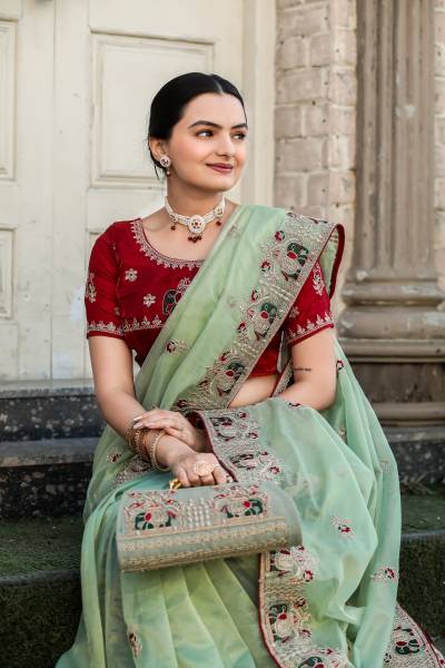 Krishna R fashion Embroidered Baluchari Organza Saree