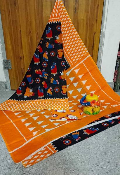 vaishnavi handicrafts Blocked Printed, Color Block, Floral Print, Printed Daily Wear Pure Cotton Saree