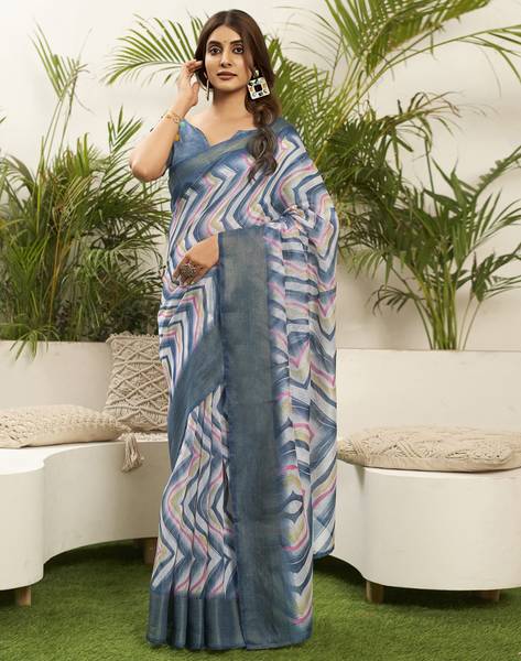 SIRIL Geometric Print, Striped Daily Wear Cotton Blend Saree