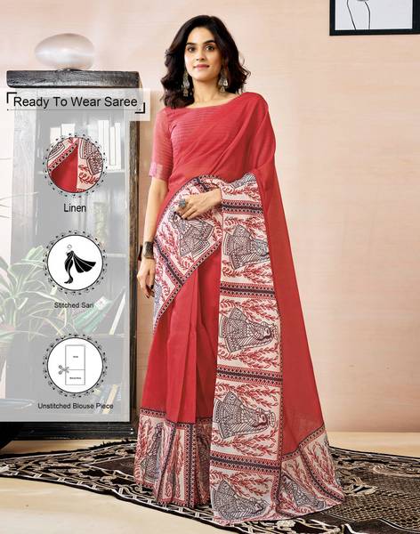 Samah Floral Print, Geometric Print, Printed Daily Wear Linen Saree