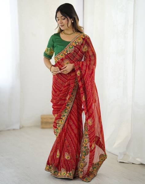 Samah Printed, Embroidered Bandhani Lace, Georgette Saree