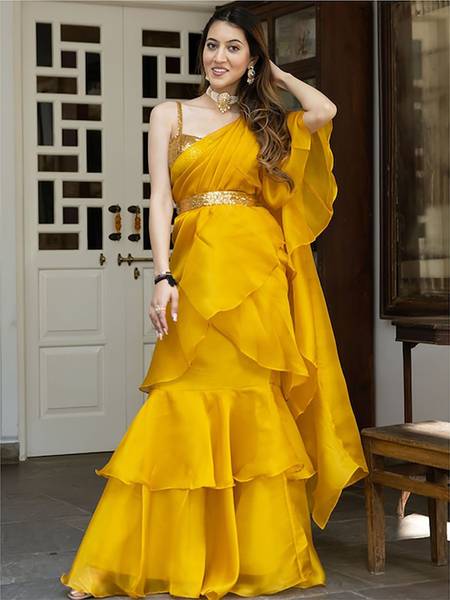 Fusionic Embroidered Leheria Organza Saree
