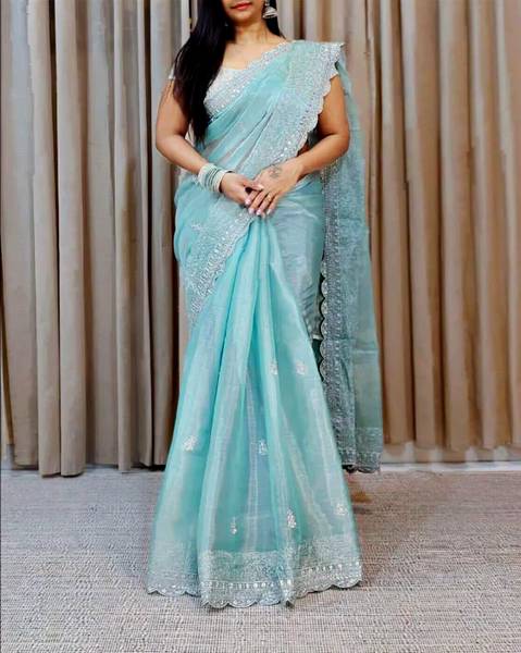 Shree Impex Applique, Embellished, Embroidered, Floral Print Bollywood Tissue Saree
