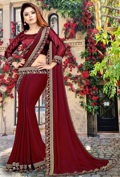 HNC Retail Temple Border Bollywood Lycra Blend, Chiffon Saree