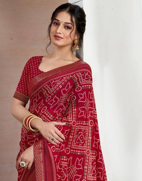 Samah Printed, Embellished Bandhani Chiffon, Georgette Saree