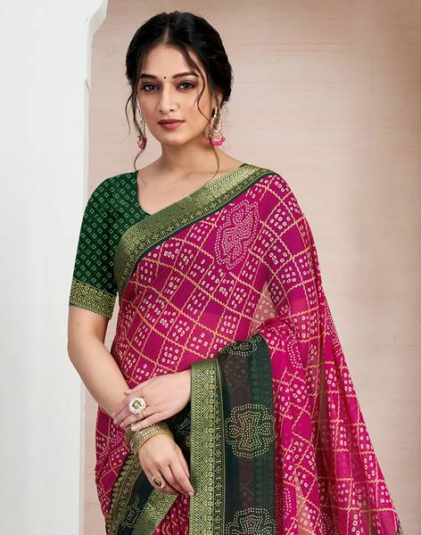 Samah Printed, Embellished Bandhani Chiffon, Georgette Saree