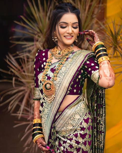 KanjiQueen Woven, Self Design Banarasi Silk Blend, Pure Silk Saree
