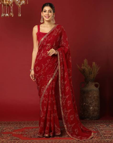 Samah Printed, Embellished Bandhani Georgette Saree