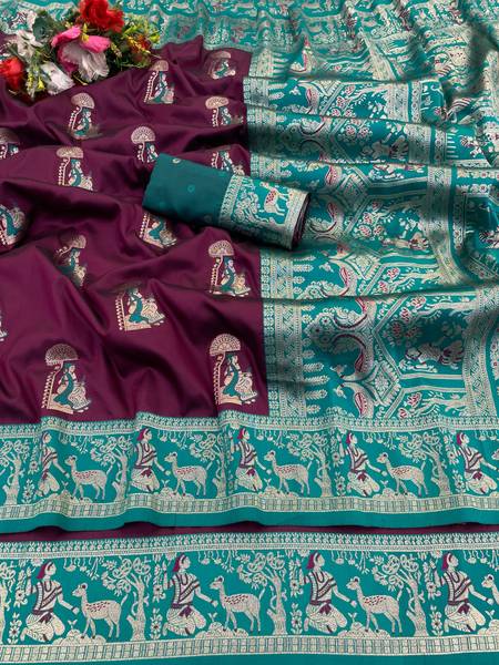 KanjiQueen Woven, Self Design Baluchari Silk Blend, Pure Silk Saree