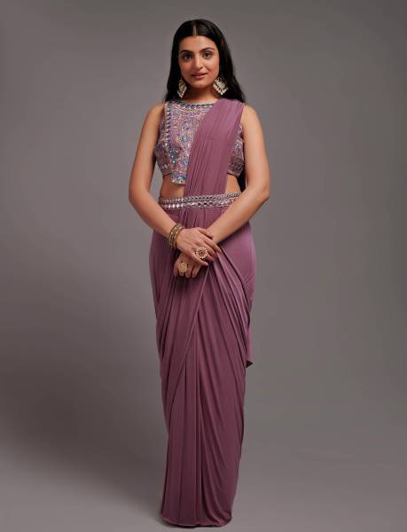 THE52 Solid/Plain, Embroidered Bollywood Lycra Blend Saree