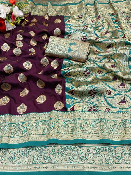 KanjiQueen Woven, Self Design Banarasi Silk Blend, Pure Silk Saree