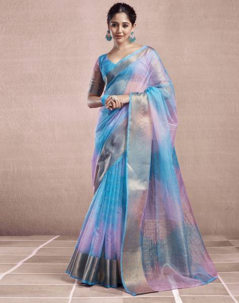 Samah Printed, Embellished, Striped Bollywood Organza Saree