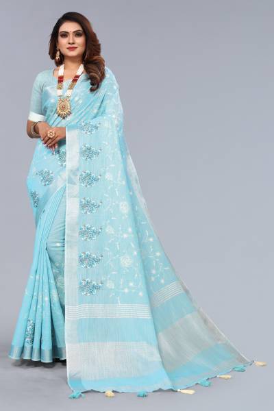 ALAGINI Embroidered Bollywood Cotton Linen, Pure Cotton Saree