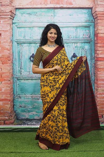 Sanganeri Hast Kala Blocked Printed, Checkered, Color Block, Dyed, Floral Print, Printed, Self Design Daily Wear Pure Cotton Saree