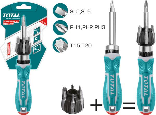 TOTAL 8 Pcs Ratchet Screwdriver Set With 7pcs 25mm bits - SL5,SL6,PH1,PH2,PH3,T15,T20 Combination Screwdriver Set