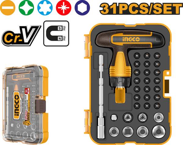 INGCO 31 Pcs T Handle Wrench Screwdriver Set, Combination Screwdriver Set