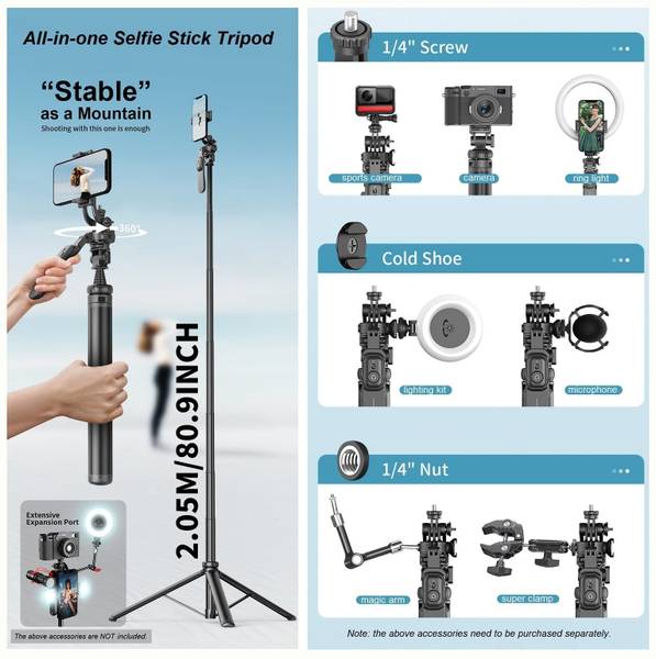 RETRACK C05 2000mm Long Extendable Multifunctional Aluminum Alloy Tripod, Compatible with Different Kinds of Accessories (1/4" Screw, 1/4" Nut, Cold S...