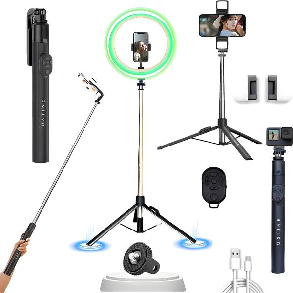 Sharp beak 170cm Extendable Selfie Stick with Integrated Dual Fill Light & Extra Clip Mount for Ring Light  Perfect for Content Creators & Vloggers Bl...