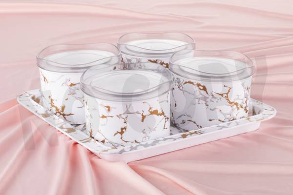 NIJEN DRY FRUIT BOX ROUND 4PCS. WHITE WITH MARBAL PRINTED DESIGN Tray, Bowl Serving Set