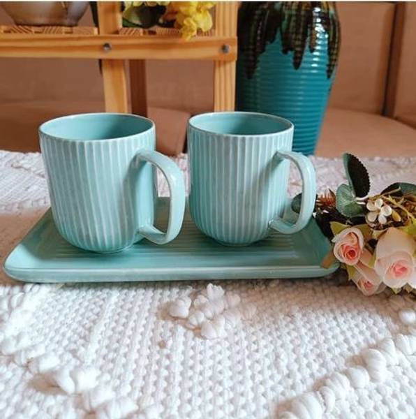 Classydesigners Ceramic Pastel Breakfast Set of 2 Coffee Mugs/Tea Cups and 1 Tray (Green) Tray Serving Set
