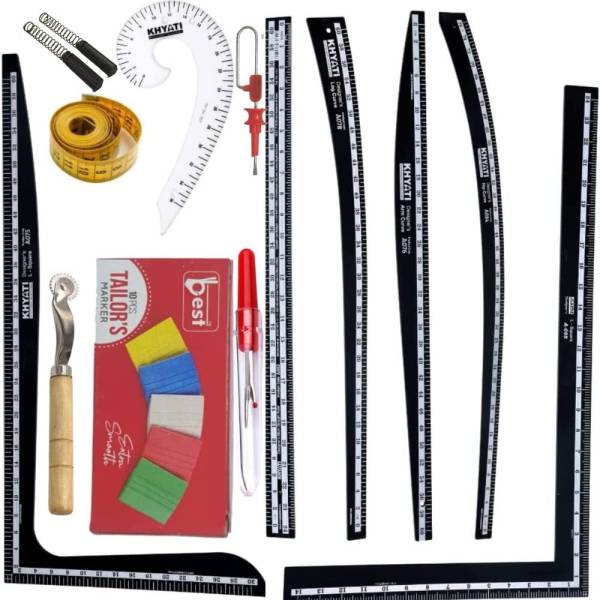 Khyati Stationery Redesigned Set of 7- L-Square Curve, Arm Curve, Hip Curve, Straight Ruler, Leg Curve, Sewing Kit