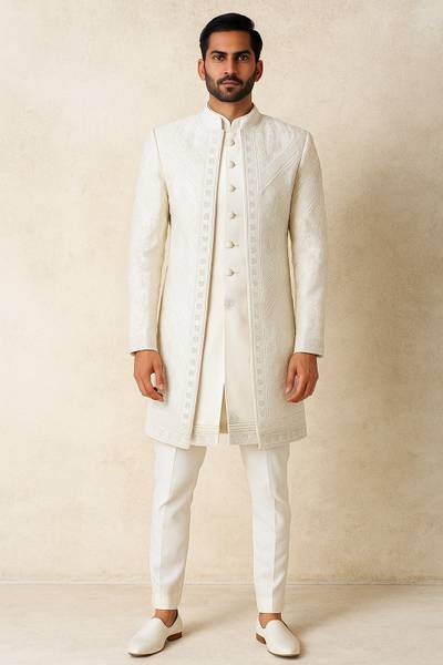 Shahi Achkan Royal Elegance White Embroidered Sherwani for Grooms Embroidered Sherwani