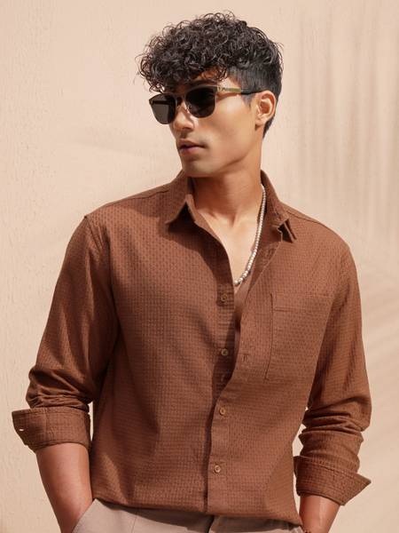 HIGHLANDER Men Self Design Casual Brown Shirt