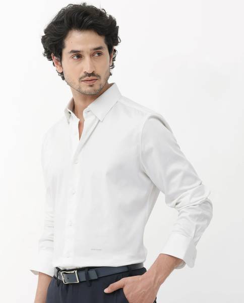 MOONBELL Men Solid Casual White Shirt