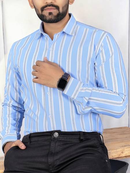 MILDIN Men Striped Formal Light Blue Shirt