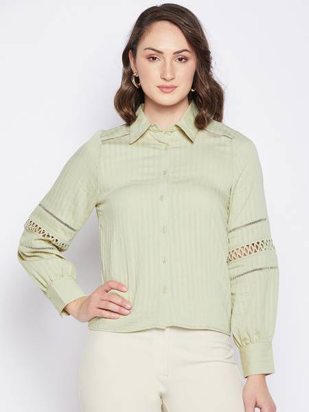 MADAME Women Striped Casual Light Green Shirt