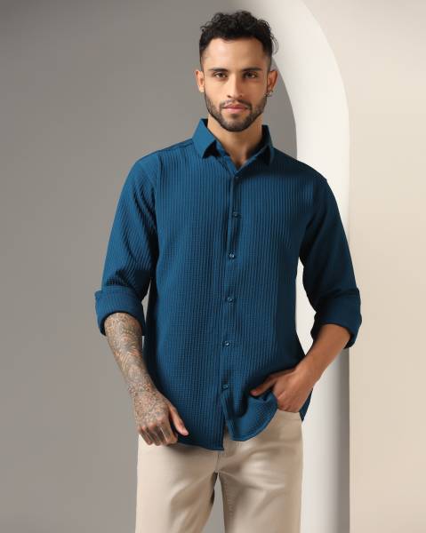 GRECIILOOKS Men Self Design Casual Dark Blue Shirt