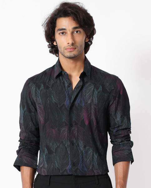 RARE RABBIT Men Printed Casual Black Shirt