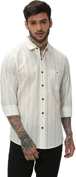 MUFTI Men Striped Casual White, Grey, Yellow Shirt