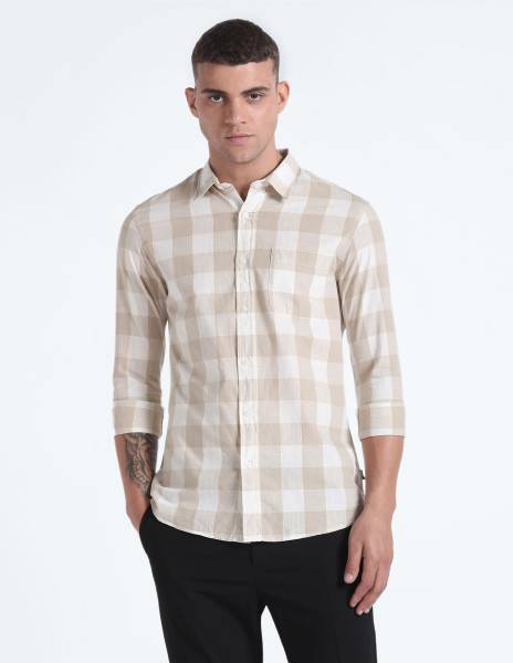 FLYING MACHINE Men Checkered Casual Beige Shirt