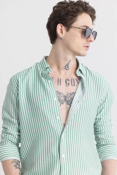 U TURN Men Striped Casual Light Green Shirt