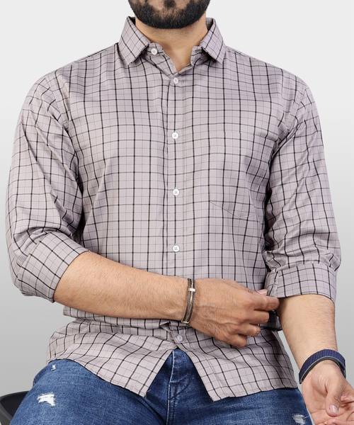 VeBNoR Men Checkered Formal Beige Shirt